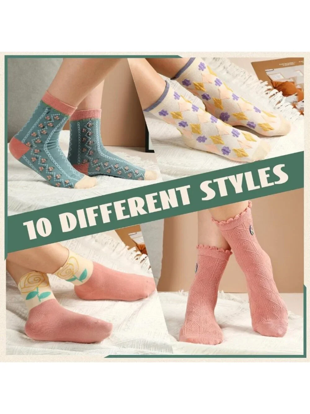 Cute Lace Ruffle Ankle Socks - 10 Pairs Floral Cotton Cottagecore Mid Tube